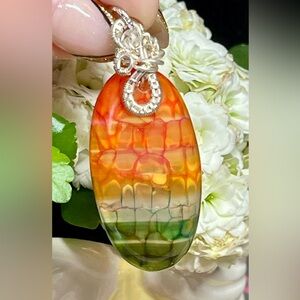 🌈orange and Green dragon Agate Pendant Necklace